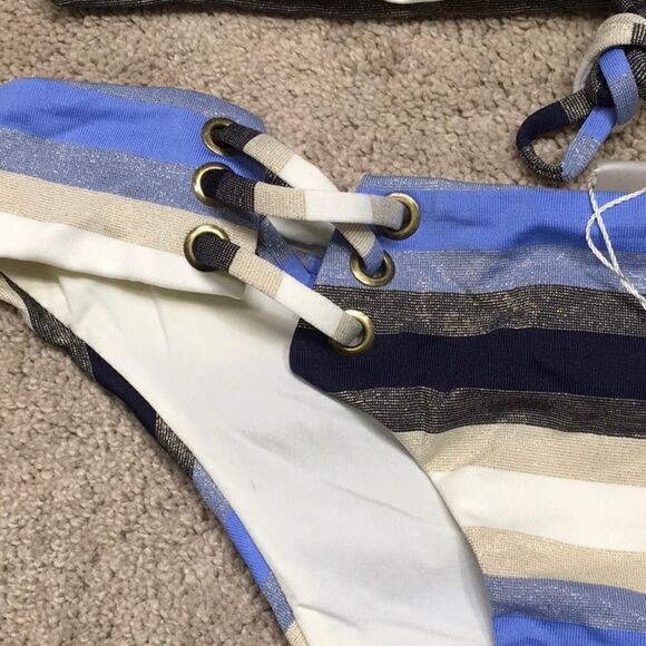Rare. PILYQ metallic navy, blue, tan, cream stripe lace up bikini. NWT - Picture 10 of 14